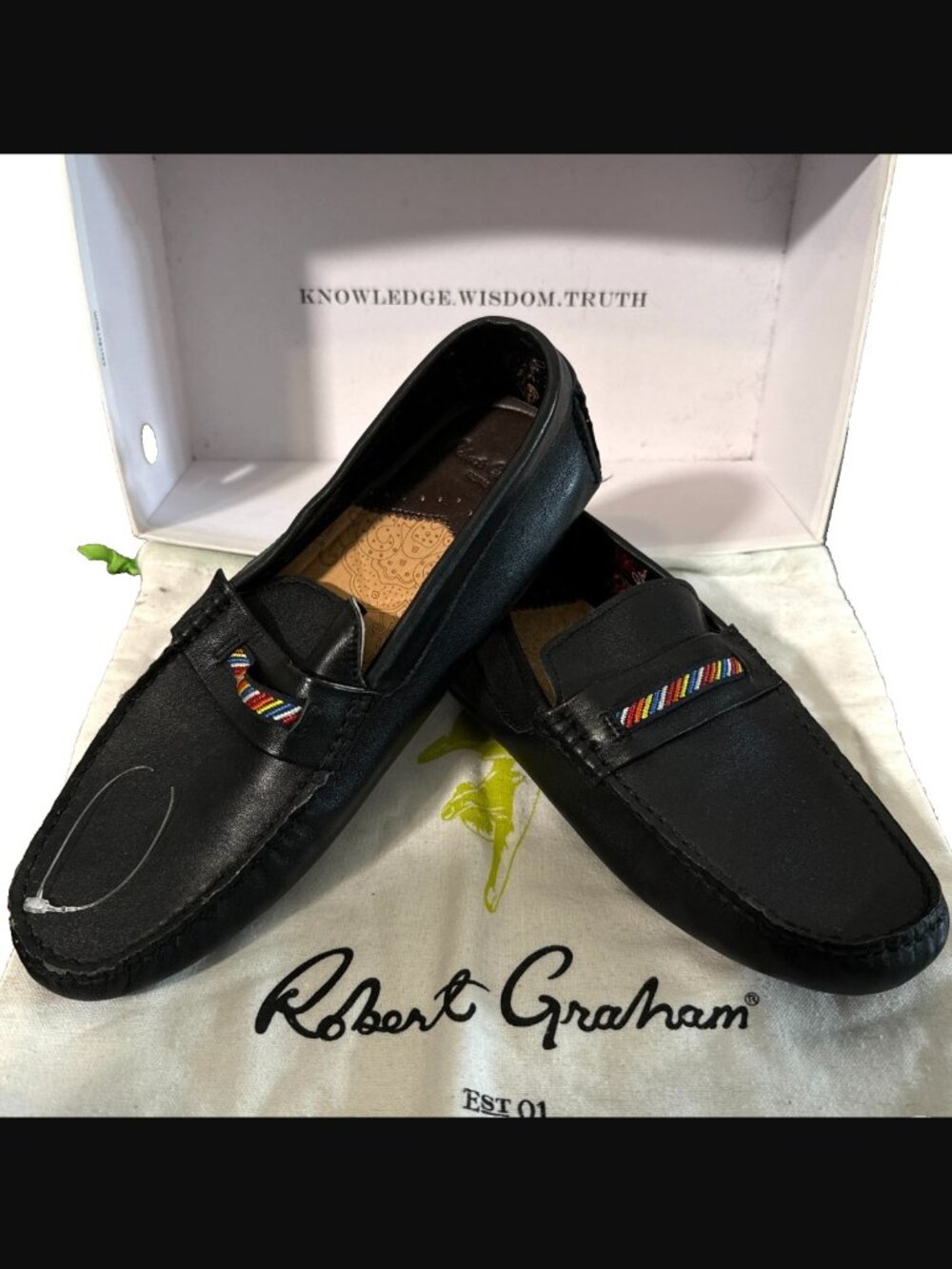 Robert Graham Black Hart II Leather Cabbott Slip On Loafers RGS5100II Size 46 8